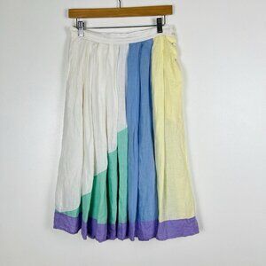 Vintage Blues Made in Italy Linen Midi Skirt US 6 Colorblock Pleated Full Boho